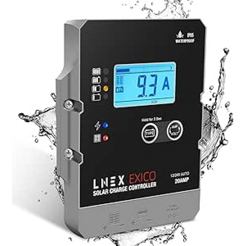 Saulės įkrovos valdiklis Vandeniui atsparus 20A super plonas saulės baterijos baterijos pažangus valdiklis su LCD ekranu 12V/24V PWM saulės valdiklis, skirtas LiFePO4 AGM gelio užtvindytai ir ličio baterijai