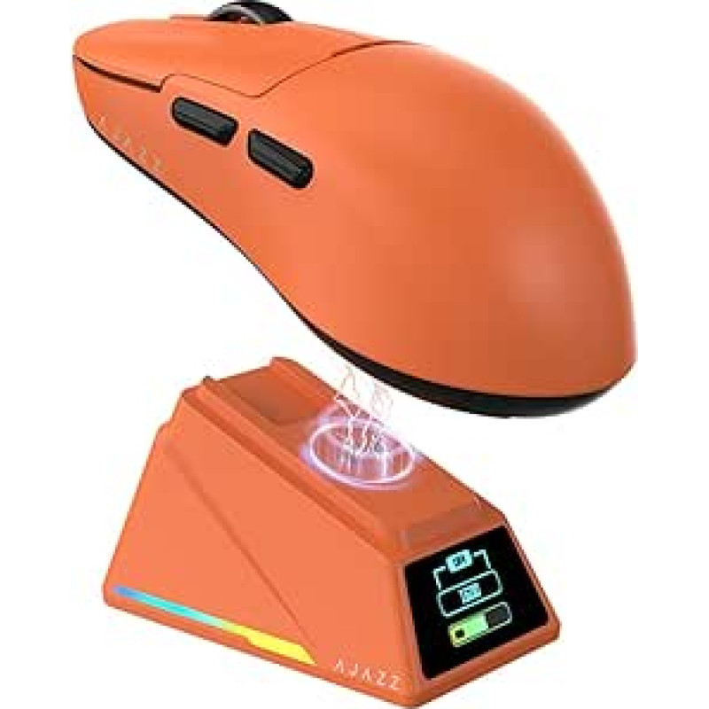 AJAZZ AJ159 APEX APEX belaidė žaidimų pelė su RGB magnetine įkrovimo baze, lengva 56 g konstrukcija, 2.4G/USB-C/BT, 400 mAh akumuliatorius, 42K DPI, 8000 Hz reakcijos dažnis, suderinama su PC ir Mac, oranžinė