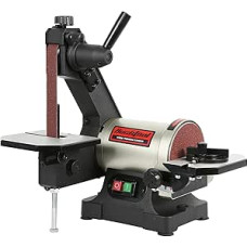 BUCKTOOL 250 W juostinis diskinis šlifuoklis, 25,4 x 762 mm juosta, 125 mm disko veržliaraktis, juostos dangčio laikymas ir lengvas nuėmimas, tiesioginės pavaros šlifavimo disko greitis 2980 aps/min.