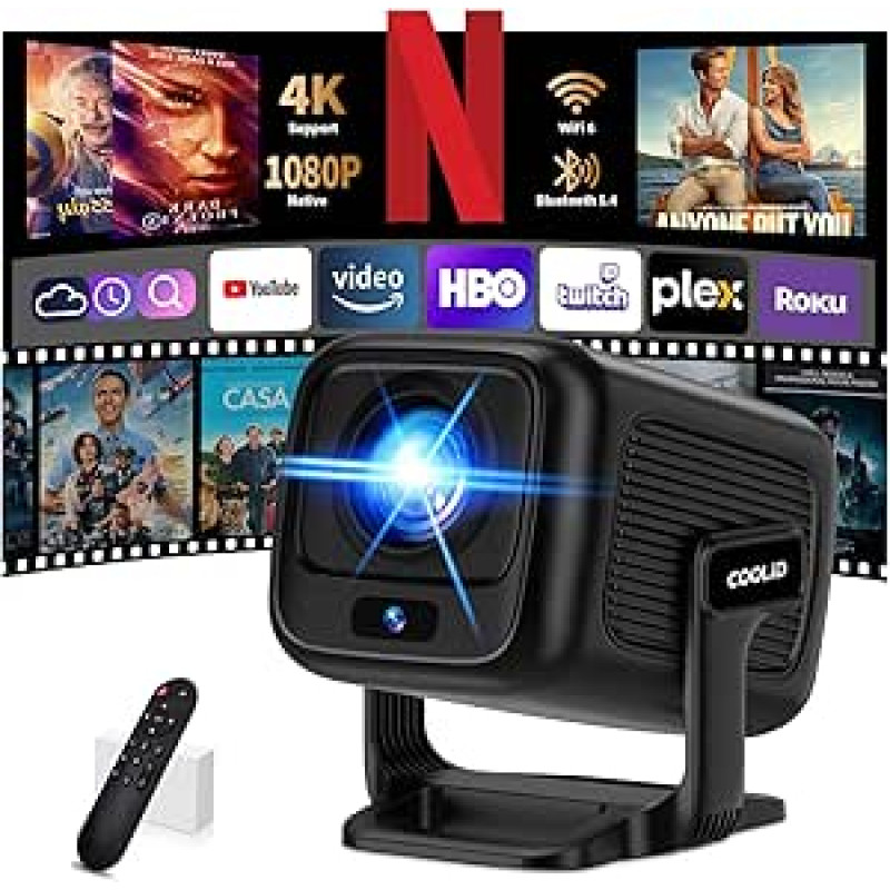 Projektorius 4K projektorius 1080P [automatinis fokusavimas ir 2026 atnaujinimas] Mini projektorius su 5G WiFi 6 ir BT 5.4 Nešiojamasis projektorius su automatine specialia korekcija 180° pasukimo kampu TV Stick/USB/Laptop/PC