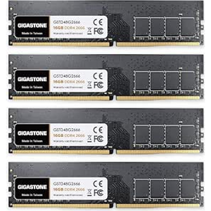 DDR4 OPERATYVIOJI ATMINTIS: GIGASTONE 64GB rinkinys (4x16GB) DDR4 2666MHz (2400MHz arba 2133MHz) PC4-21300(PC4-19200/17000) CL19 1.2V UDIMM 288Pin Non-ECC Unbuffered PC Desktop High Upgrade atnaujinimas atnaujinimas