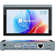 Mini PC with 5.5 Inch Touchscreen Display, Intel N5100 Quad-Core, 8GB RAM 128GB SSD, Win 11, Dual 4K HDMI/Type-C, WiFi 5 - Compact All-in-One Computer for Home Office and Digital Signage