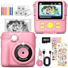 Vaikiškas fotoaparatas 1080P 2,4 colio ekranas skaitmeninis fotoaparatas vaikams su 5 rulonais spausdinimo popieriaus, 32 GB kortele, fotokamera su 6 spalvotais rašikliais, 2 lipdukais Dovana vaikams (rožinė)