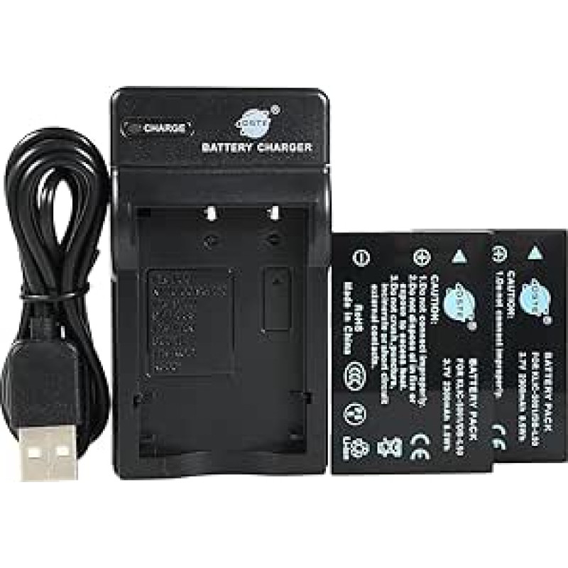 DSTE KLIC-5001 ličio jonų akumuliatorius (2 vnt.) ir mikro USB įkroviklis, skirti 