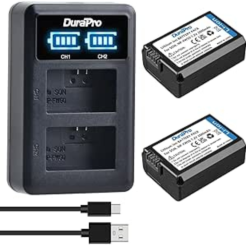 DuraPro NP-FW50 Battery + LED USB Dual Charger for Sony Alpha7 7ii 6500 6400 6300 6000 5100 SLT A55V A33 A35 A37 NEX-7 NEX-6 NEX-F3 NEX-3 NEX-5 NEX-5N NEX-5T Camera camera