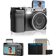 Skaitmeninis fotoaparatas 16x priartinimas, 4K 64MP fotoaparatas, kompaktiškas fotoaparatas su blykste, Vlog fotoaparatas Selfie su 32GB atminties kortele, 2 baterijos