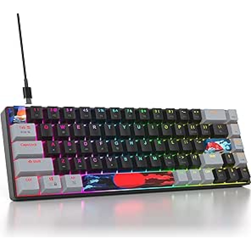 SOLIDEE mechaninė žaidimų klaviatūra 65 proc., 68 klavišų kompaktiška mechaninė klaviatūra su RGB apšvietimu, 65 proc. mechaninė QWERTY, raudonas jungiklis, skirta Win/Mac PC nešiojamiesiems kompiuteriams (68 tamsių klavišų)