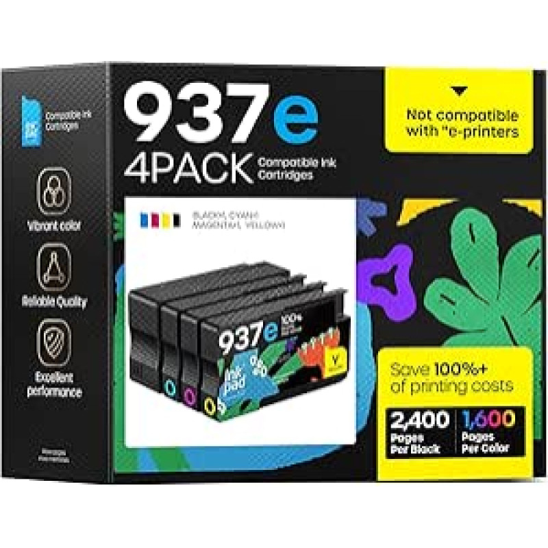 4 pakuotės 937XL kasečių, suderinamų su HP 937 937E 937XL, skirtų HP OfficeJet 9110b 9130b 9120b 9117b 9720 9730 spausdintuvo kasetėms (su lustu)