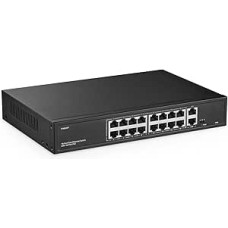 16 prievadų PoE komutatorius, 10/100Mbps PoE+ prievadai, 2 Gigabit Ethernet Uplink, IEEE802.3af/at, maks. 200W, VLAN ir PoE išplečiamas 250 m, RackMount Fanless Unmanaged Ethernet Switch