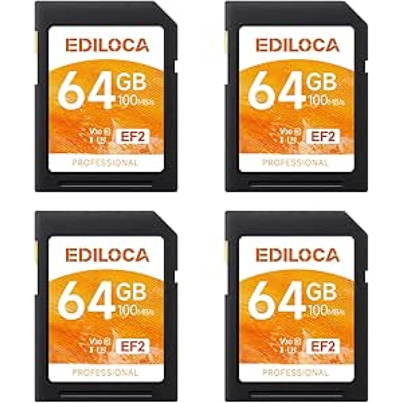 EF2 UHS-I atminties kortelė 64GB, 4 vnt., skaitymo greitis 100 MB/s, įrašymo greitis 45 MB/s, C10, U1, V10, Full HD ir 4K vaizdo įrašai, SD kortelė profesionaliems fotografams