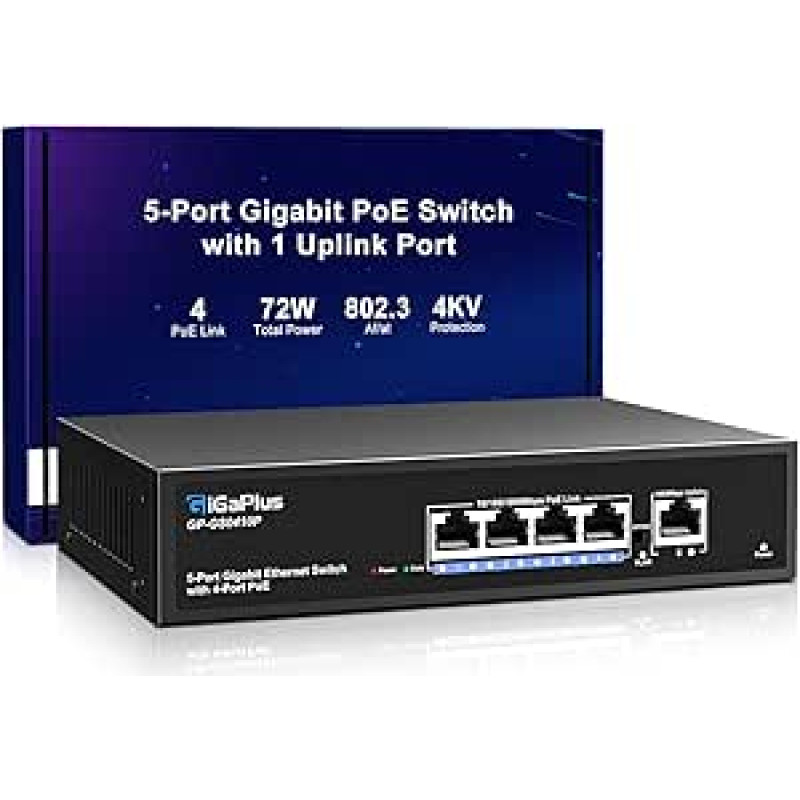 5 prievadų Gigabit PoE komutatorius su 4 PoE+ 1000Mbps prievadais, 1 x 1000Mbps Uplink, GiGaPlus 5 prievadų IEEE802.3af/at PoE @72W, palaiko VLAN, metalinis korpusas, montuojamas ant darbastalio arba sienos, Plug & Play
