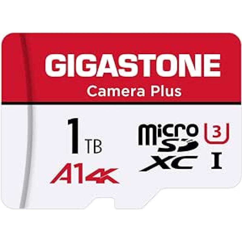 GIGASTONE Camera Plus 1TB MicroSDXC atminties kortelė + SD adapteris veiksmo kamerai dronui ir planšetiniam kompiuteriui iki 150/120MB/s, Full HD vaizdo įrašymas, A1 U3 10 klasės Micro SD kortelė UHS-I