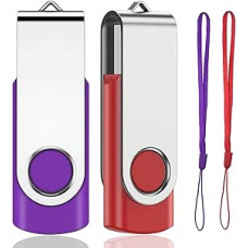 2 pakuotės 32 GB atminties lazdelės USB 2.0 nykščio rašiklio diskas Sukamojo dizaino atminties lazdelės sulankstomos saugykloje (raudona / violetinė su dirželiu)