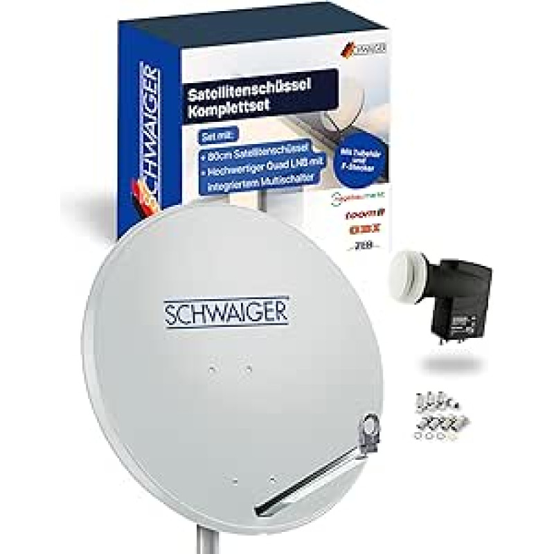 SCHWAIGER Palydovinė antena su keturiais LNB Skaitmeninė HD 4K plieninė palydovinė sistema 80 cm šviesiai pilkos spalvos stiebas F jungtis Montavimo medžiaga Astra Hotbird Eutelsat Türksat Amos