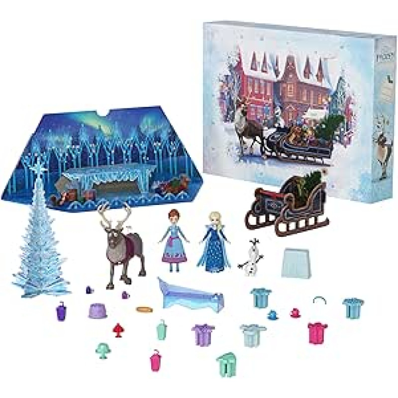 Mattel Disney Frozen Little Anna and Elsa Dolls Advent Calendar with 2 Friends Figures, Mouldable Sand and 24 Play Pieces, Inspired by Olaf’s Frozen Adventure, HWX20