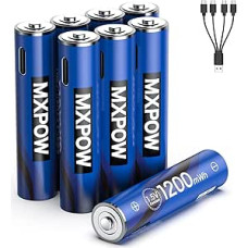 AAA įkraunamos ličio baterijos 1,5 V 1200 mWh USB-C baterija AAA įkraunama 8 baterijų AAA pakuotė su 4 in 1 įkrovimo kabeliu, 1500+ ciklų