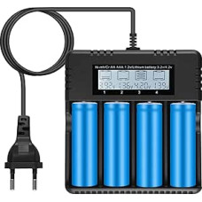 Battery Charger LCD Display, Batteries 3.7 V 4-Way Li-Ion Charger with Display, Quick Charger of a Variety of 3.7 for 26650/18650/14500/16340, AA AAA NiMH, Intelligent Battery Charger