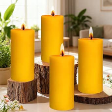 4 žvakių pakuotė, pagaminta iš 100 % bičių vaško, didelės 5,5 x 10 cm aukščiausios kokybės bičių vaško žvakės, ilgai dega apie 35 valandas, skirtos namų ūkiui, šventėms ir viešojo maitinimo įstaigoms papuošti
