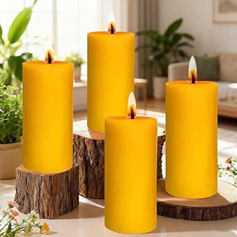 4 žvakių pakuotė, pagaminta iš 100 % bičių vaško, didelės 5,5 x 10 cm aukščiausios kokybės bičių vaško žvakės, ilgai dega apie 35 valandas, skirtos namų ūkiui, šventėms ir viešojo maitinimo įstaigoms papuošti