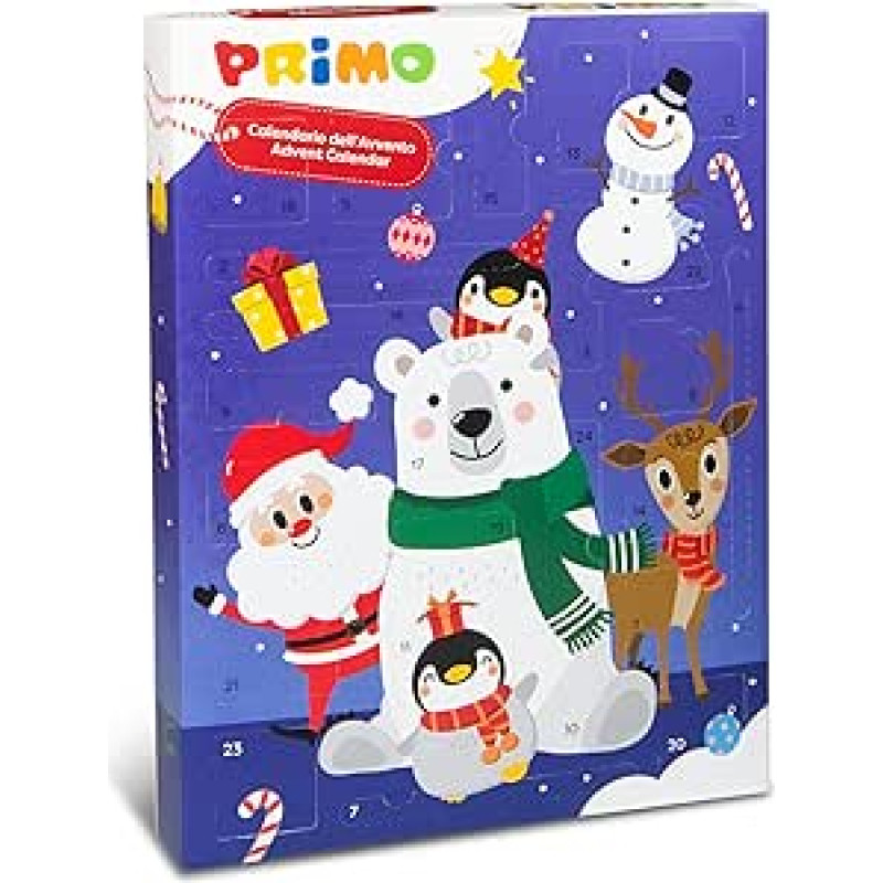 Primo - Advento kalendorius 2025, 24 kanceliarinės ir mokyklinės priemonės + QR kodas dirbtiniams lapams atsisiųsti - molis, flomasteriai, vaškinės kreidelės ir temperos dažai kūrybiniams amatams