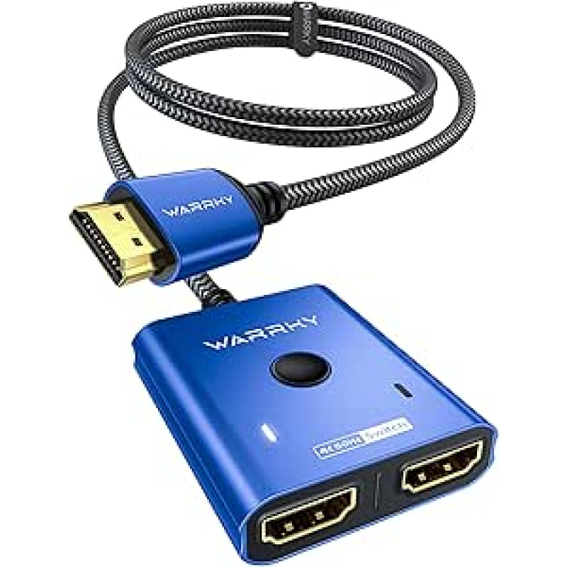 HDMI jungiklis 4K @ 60Hz, WARRKY HDMI skirstytuvas 2 in 1 Out (1 ekranas vienu metu), 3,3 pėdos pintas kabelis, aliuminio korpusas, HDCP 2.2 2 2 to 1 jungiklis palaiko UHD, skirtas PS5/4 - mėlynas
