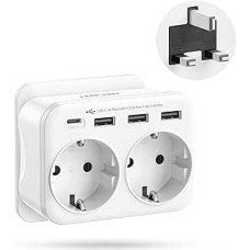 LENCENT Kelioninis adapteris UK Germany Plug, G tipo maitinimo adapteris, kelioninis kištukas su 1 USB-C ir 3 USB-A prievadais, adapteris iš Vokietijos į JK, skirtas Anglijai, Jungtinei Karalystei, Škotijai, Airijai, Maldyvams