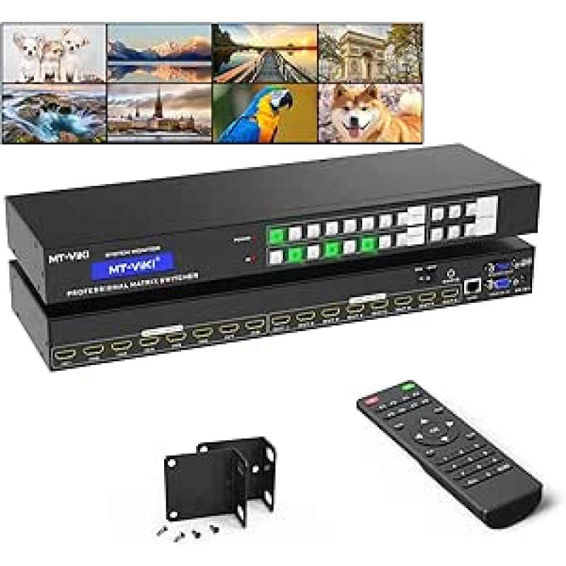 MT-VIKI HDMI matricos jungiklis 8 įėjimai 8 išėjimai Palaiko žiniatinklio valdymą 3,5 mm stereofoninis garsas su IR nuotolinio valdymo pulteliu Montavimas į stovą 4K @ 30Hz EDID RS232 LAN prievadas