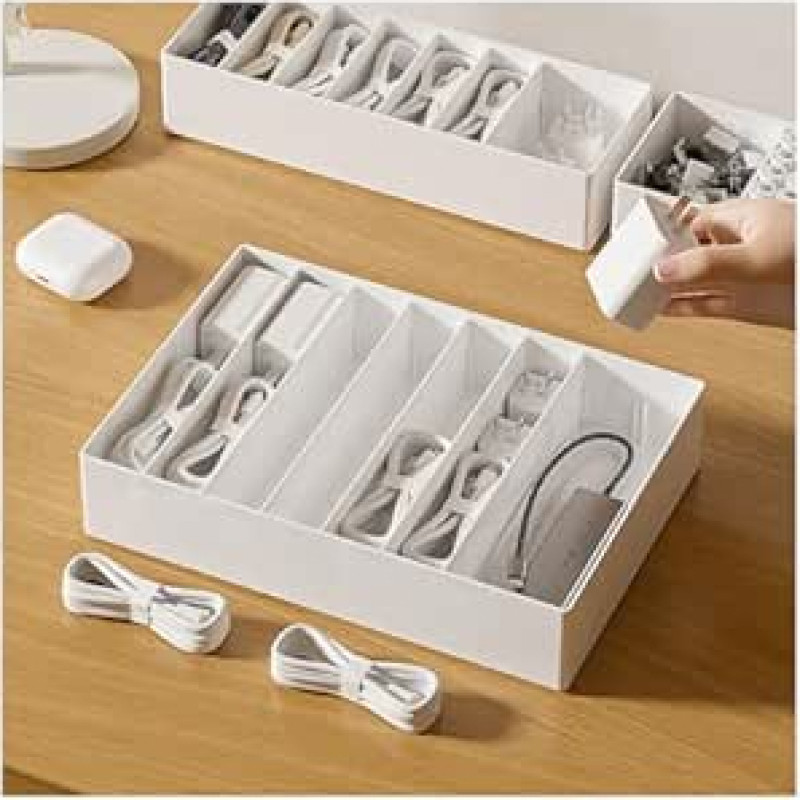 2 Stück Kabel Aufbewahrung, Kabelbox Weiß mit Verstellbaren Fächern, Weißer, ordentlicher Aufbewahrungsort für Ladekabel, USB-Kabel und Adapter