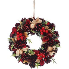 Šventinis kalėdinis vainikas 30 cm - raudonos pušų spygliukai, juostelė ir raudonos uogos - kalėdinė dekoracija, puikiai tinkanti prieangiui ir namams - dekoratyvinis vainikas