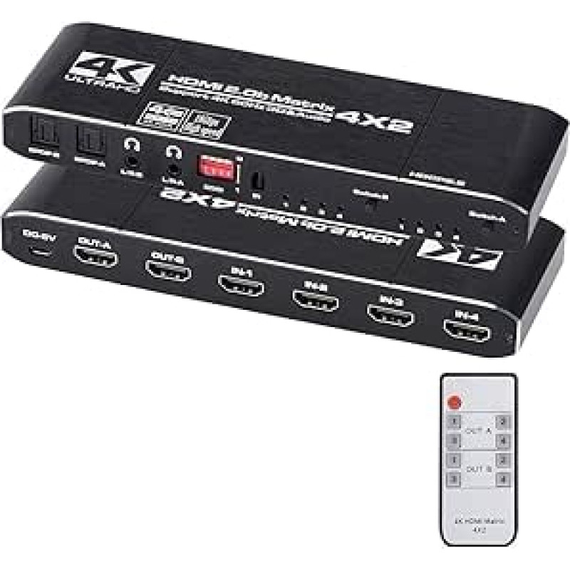 HDMI matrica 4x2 4K @ 60Hz HDR jungiklis 4 in 2 išėjimai YUV 4:4 Optinis SPDIF + Jack 3,5 mm ištraukiklis Garso jungiklis HDMI