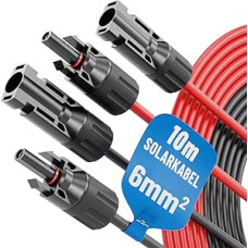 ABSINA 2 x saulės kabelis 6 mm2 10 m H1Z2Z2-K Juodai raudonas PV kabelis 6 mm2 10 m UV atsparus saulės kabelio prailginimas, PV kabelis, fotovoltinių elementų montavimo priedai, saulės kabelis 6 mm²