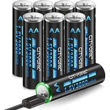 CITYORK USB-C AA baterijos Ličio įkraunamos 8 1,5 V AA baterijos 3000 mWh su 4-in-1 USB įkrovimo kabeliu