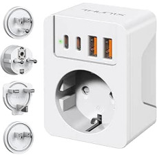 Kelioninis adapteris visame pasaulyje, tarptautinis kelioninis kištukas su USB C (PD 20W), kištukinis adapteris su 4 nuimamais A/E/F/G/B tipo sieniniu įkrovikliu JAV/Japonijai/Vokietijai/Singapūrui/EU/UK, baltas