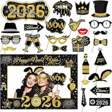 24 Stück Silvester-Dekorationen 2026 Fotokabinen-Requisiten, glitzernd, groß, Happy New Years, Selfie-Requisiten, Dekorationen, Fotografie-Zubehör