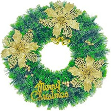 15 Inch Christmas Wreath with Gold Flowers, Bell Pendant and 'Merry Christmas' Lettering - Green Festive Door Decoration