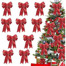 10 Stück Weihnachtsschleifen, Weihnachtsbaumschmuck, große Weihnachtskränze, Schleifen, Weihnachtsbaumschmuck, rote Schleifen, glitzernde rote Weihnachtsschleifen für Geschenkbox,