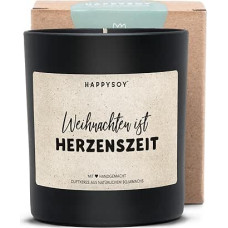 HAPPYSOY, Weihnachten ist Herzenszeit, Sojawachs-Duftkerze, wundervoller Duft, über 60h Brenndauer, schwarzes mattes Glas, gentechnikfreies Sojawachs, Geschenkidee zu Weihnachten für Freundin