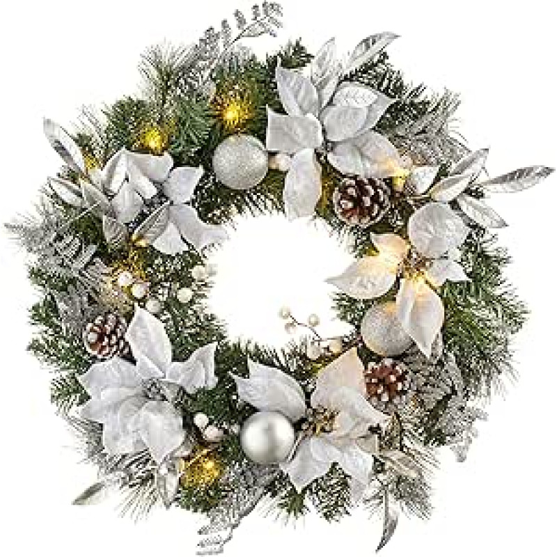 WeRChristmas 2 pėdų / 60 cm iš anksto apšviestas kalėdinis vainikas su 20 šiltų LED lempučių, įvairiaspalvis