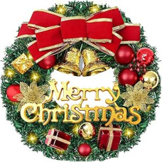 Weihnachtskranz, 30 cm Kranz, Haustürdekorationen mit Licht, Weihnachtskranz aus Kiefernholz mit rotgoldener Schleife und Buchstaben für Weihnachtskranz, Dekorationen, Weihnachtsdekoration