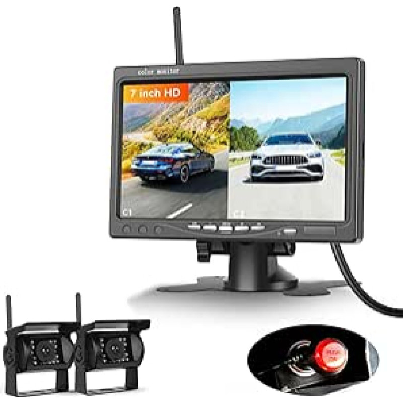 2 x belaidė atbulinės eigos kamera su 7 colių monitoriumi, BSD sistema, parkavimo pagalba, 1080p AHD atbulinės eigos kamera Automobilio naktinis matymas / IP68 atsparus vandeniui, skirta visureigiams, sunkvežimiams, nameliams ant ratų DC 12-36V