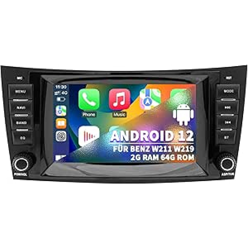 Automobilinis radijas Mercedes Benz E klasės W211 CLS W219, Android 12 sistema 2G+64G, 7 colių jutiklinis ekranas su navigacija Carplay Android Car Bluetooth WLAN MirrorLink Valdymas per vairą