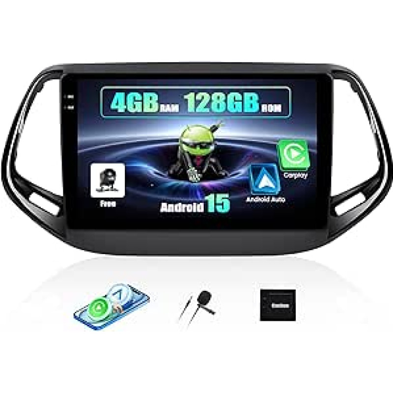 SIXWIN 4+128G Android 15 Autoradio für Jeep Compass 2017-2019 mit Wireless CarPlay/Android Auto/Mirror Link,10'' HD In-Cell Touchscreen mit WiFi GPS Bluetooth FM/RDS Radio USB EQ+Rückfahrkamera