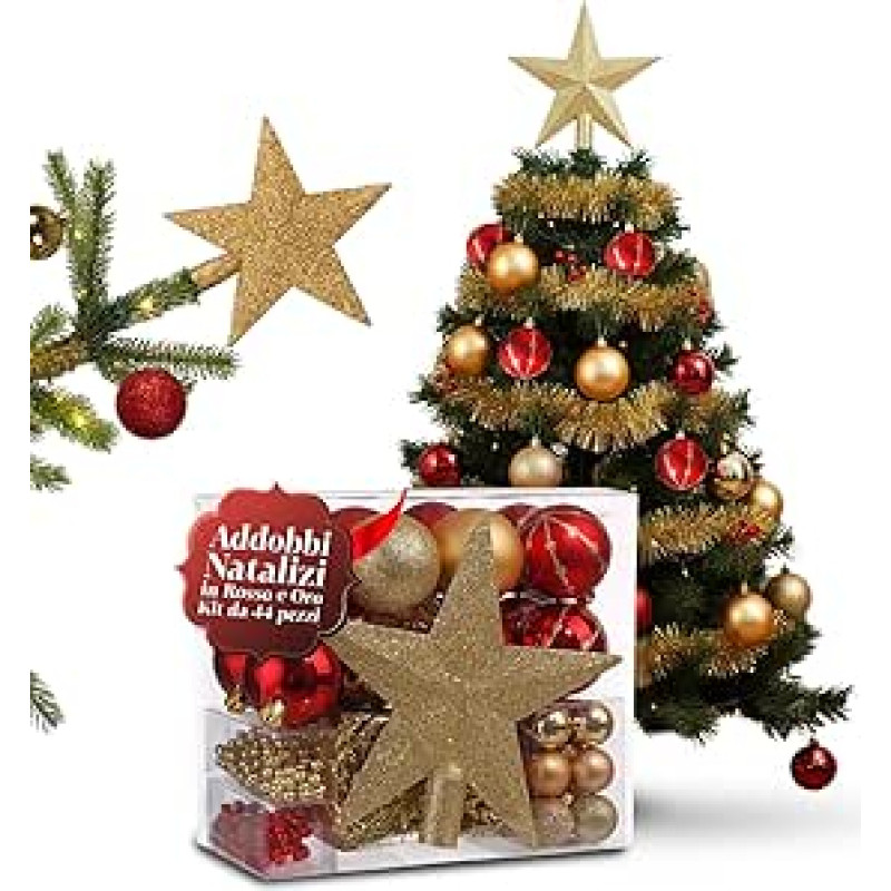 Avilia Weihnachtsschmuck in Rot und Gold 44 Stück für Baum und Haus mit verschiedenen Formen und glänzenden und matten Oberflächen, leicht aufzuhängen und bruchsicher für EIN helles und raffiniertes