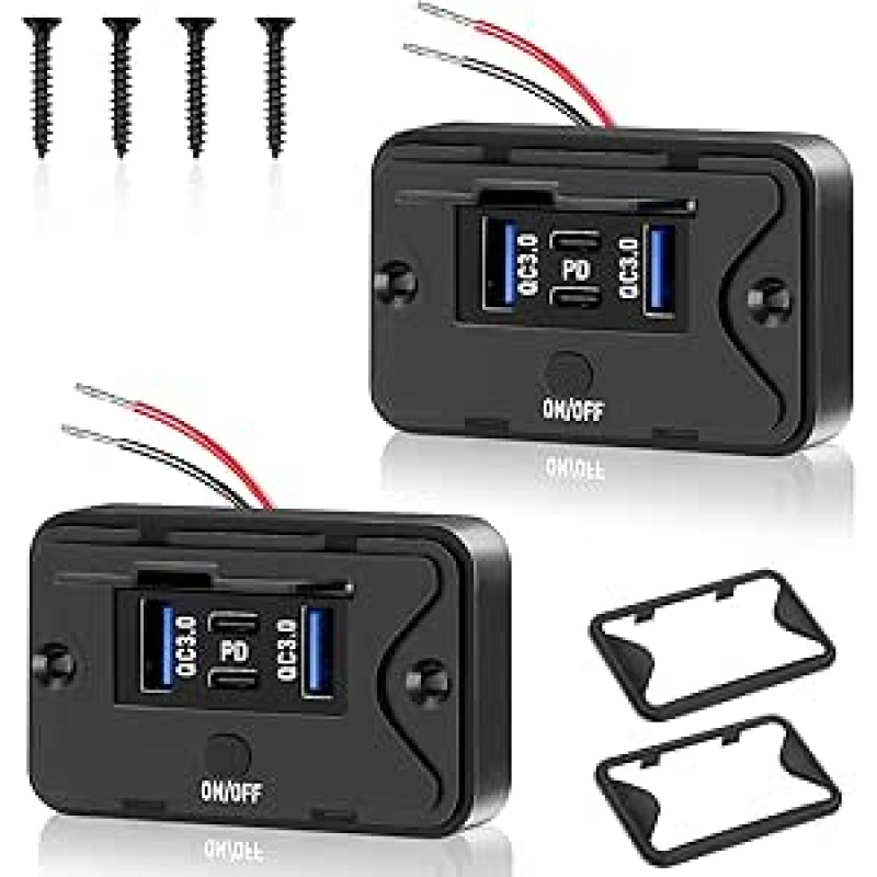 4 Port USB Charging Socket 12 V Car Charger Dual QC3.0 USB & Dual PD3.0 Type C Mobile Phone Quick Charger Waterproof with Switch for 12 V / 24 V Caravans, Cars (2 Pieces)