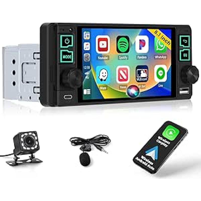 Autoradio 1 din mit Display 5.1 Zoll Wireless Carplay Android Auto, Radio Bluetooth 1 din mit Mirror Link FM radijas USB Type-C Rückfahrkamera Mic