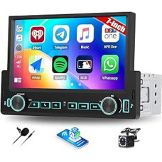 1 Din Autoradio mit 7 Zoll Bildschirm mit Wireless Carplay Android Auto, Bluetooth 5.2 Freisprecheinrichtung HD Display Radio mit Mirror Link USB/AUX FM Radio SWC EQ Rückfahrkamera+MIC