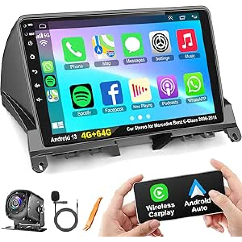 Automobilinis radijas Mercedes-Benz C klasės W204 S204 2006-2011 su belaidžiu Carplay ir Android Car, 4 + 64 GB 9 colių IPS automobilinis radijas su GPS FM/AM EQ Bluetooth 5.2 Balso valdymas WiFi atbulinės eigos kamera