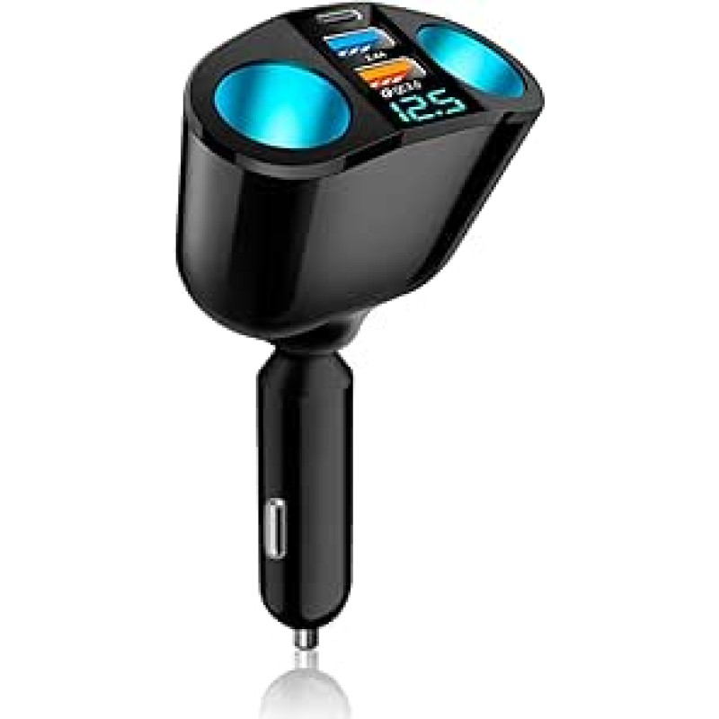 5 in 1 USB-Zigarettenanzünder, Zigarettenanzünder-Steckdose 12 V ir 24 V, 20 W Schnellladung 3.0 USB C, mit doppeltem USB-Anschluss und LED-Tensiometer für GPS, Kameras, Handys