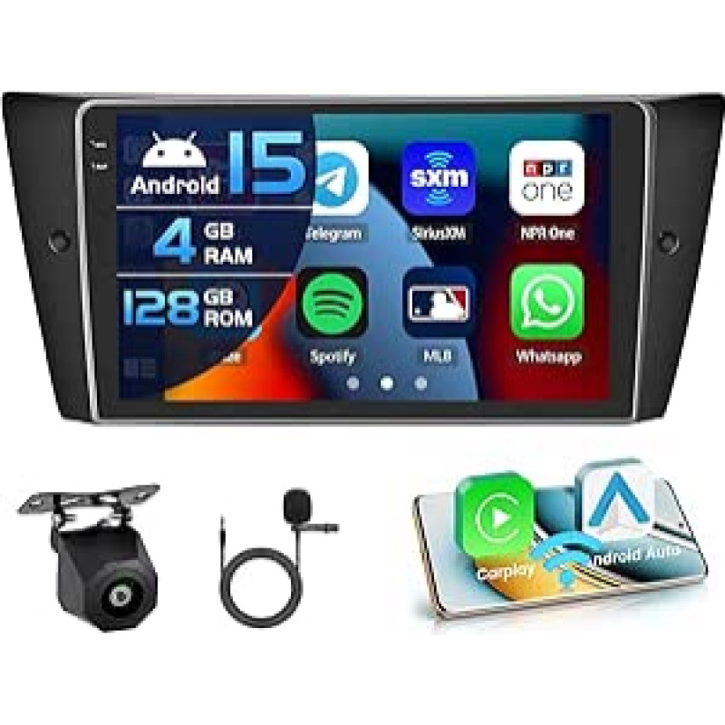 4+128G automobilinis radijas BMW 3 serijos 328i 335i 325i (E90/E91/E92/E93) 2005-2011 m. Android 15 su 9 colių vidiniu ekranu su belaidžiu Carplay ir Android Car Mirror Link radiju FM/RDS GPS WiFi
