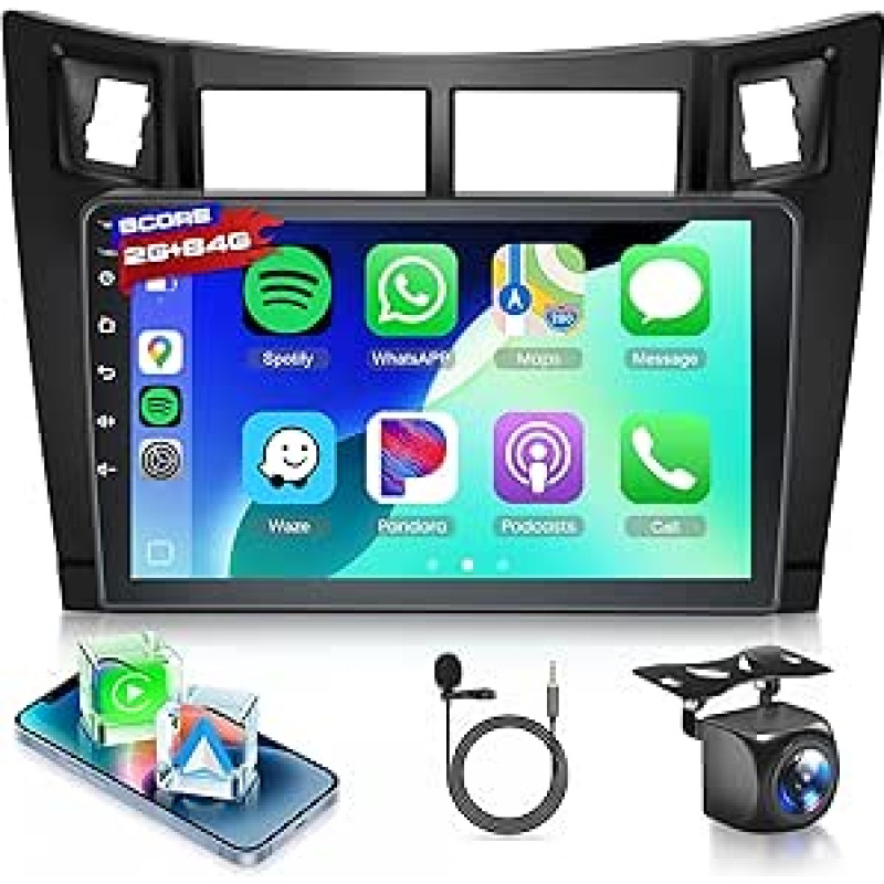 Rimoody 2G + 64G Car Radio Android 15 for Toyota Yaris 2005-2011 9 Inch Touchscreen Radio with Wireless Carplay Android Car Navigation GPS Mirror Link Bluetooth FM/RDS Radio WiFi USB + Reversing